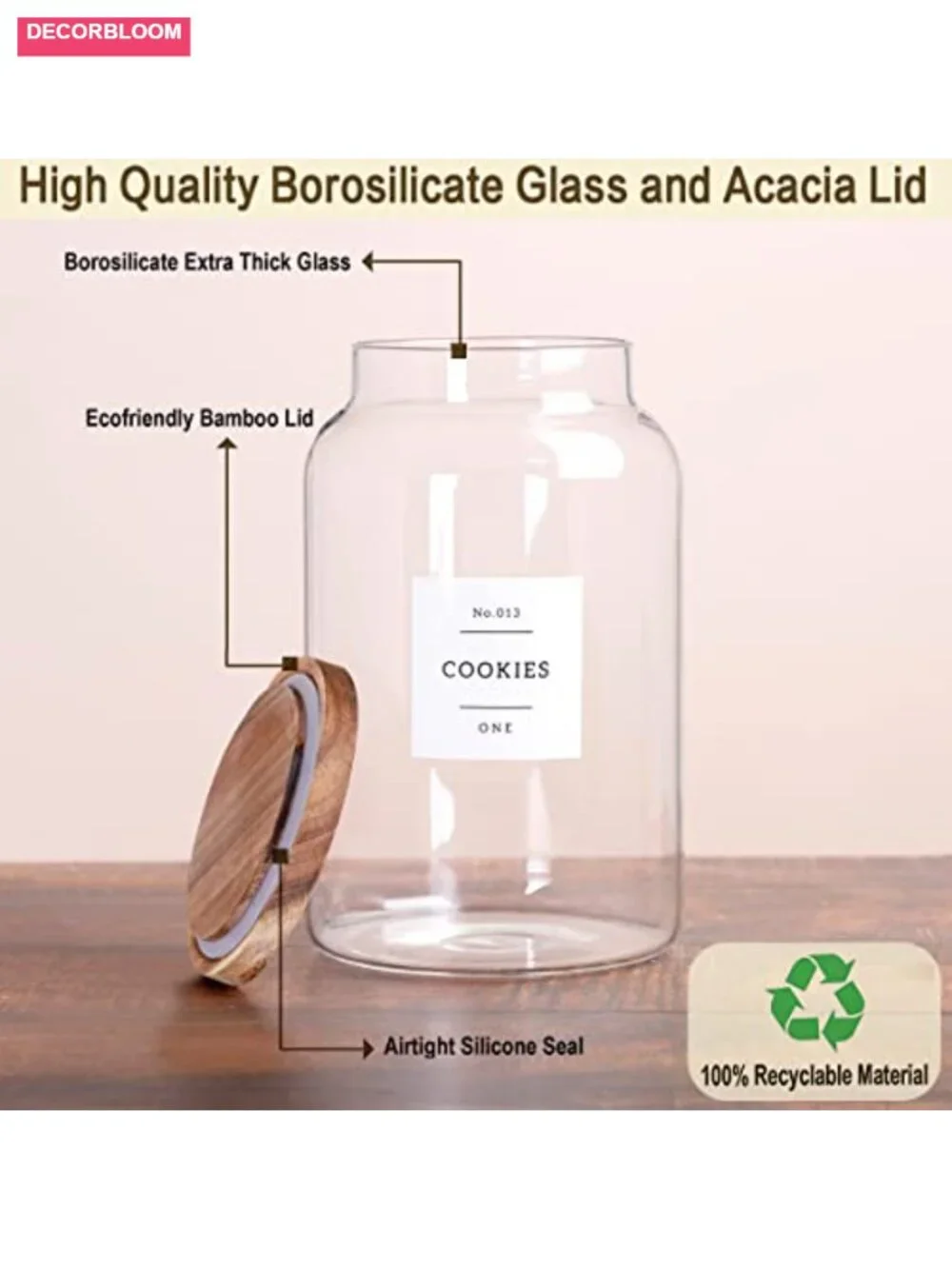1 Gallon Glass Cookie Jar with Airtight Acacia Lid & 42 Labels